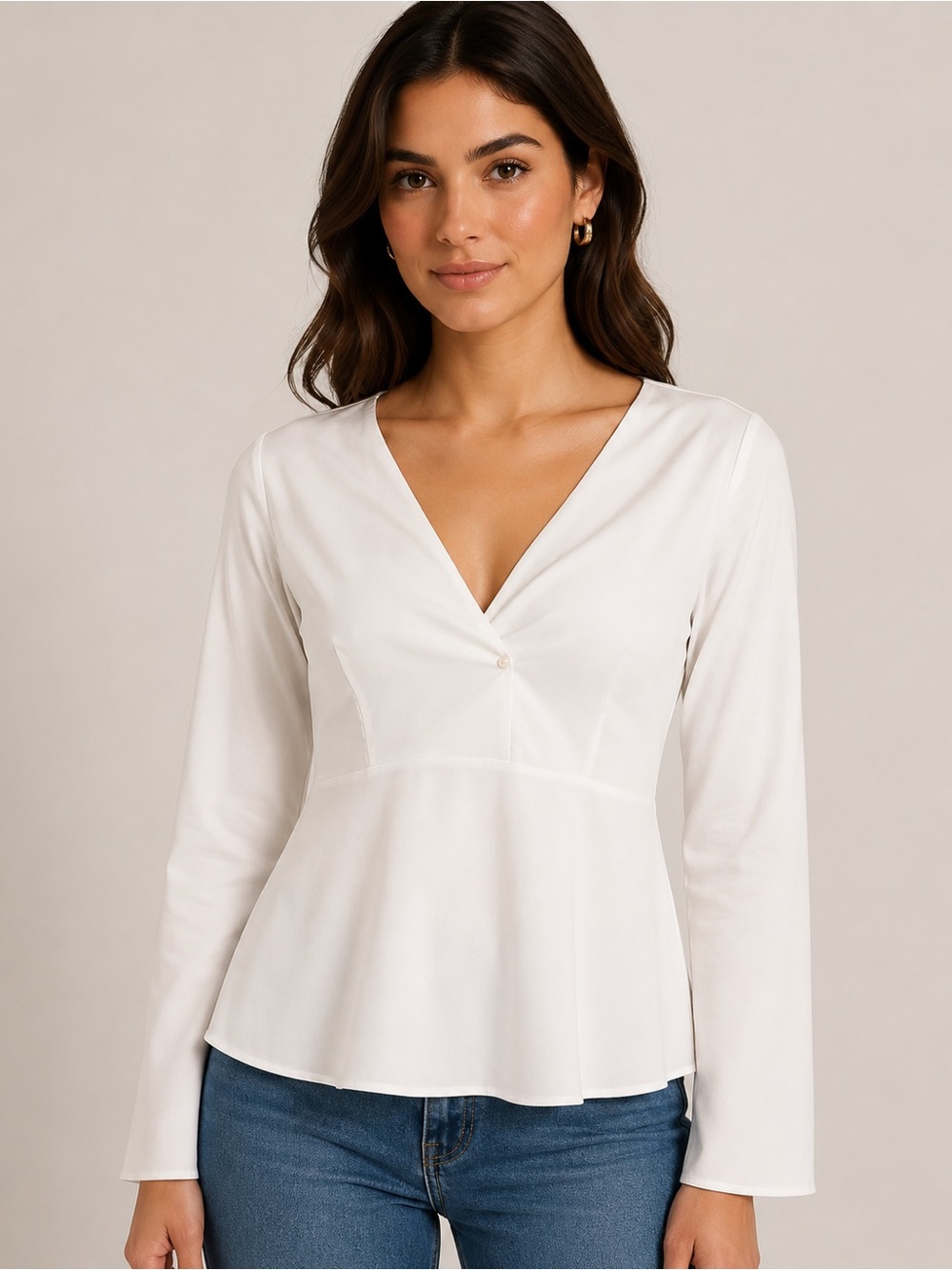 COS White V-Neck Peplum Long-Sleeve Top